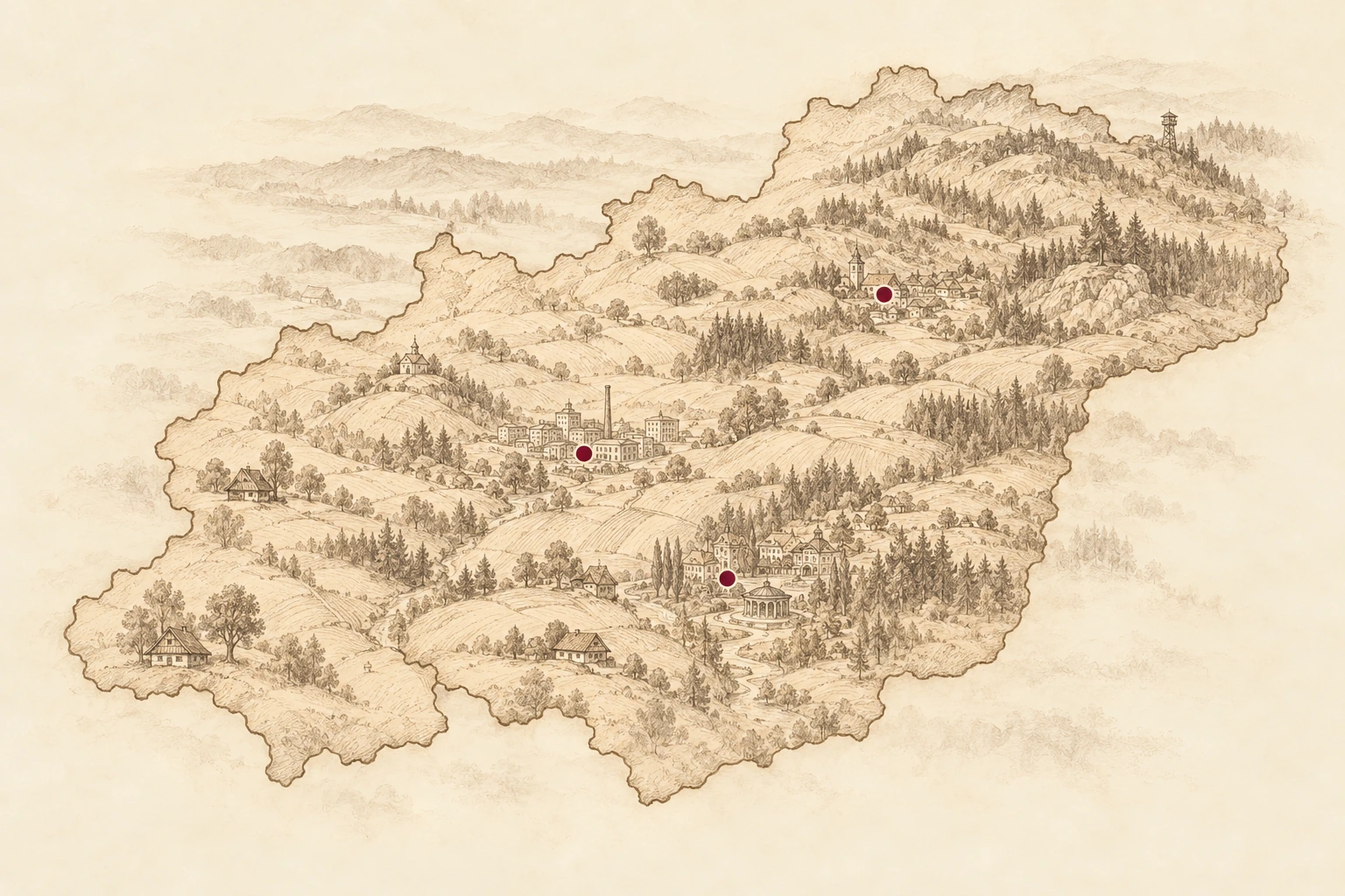 Ilustrační kreslená mapka Zlínského kraje